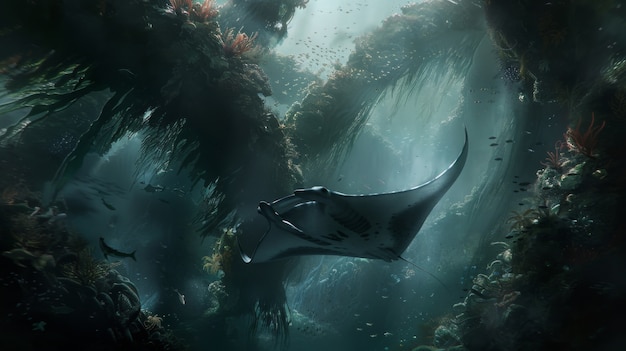 Une raies manta réaliste dans l'eau de mer