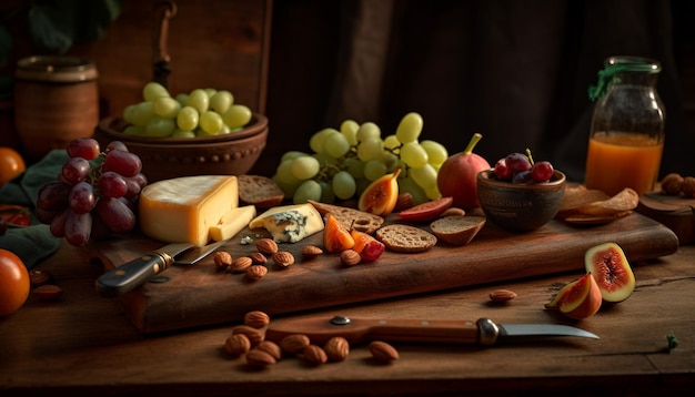 Photo gratuite raisin et fromage bio sur plateau en bois généré par ia