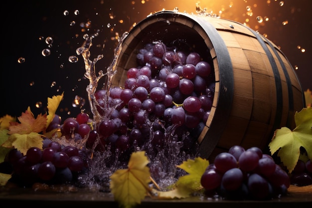 Des raisins dans un tonneau de vin faisant des bannières en gros plan