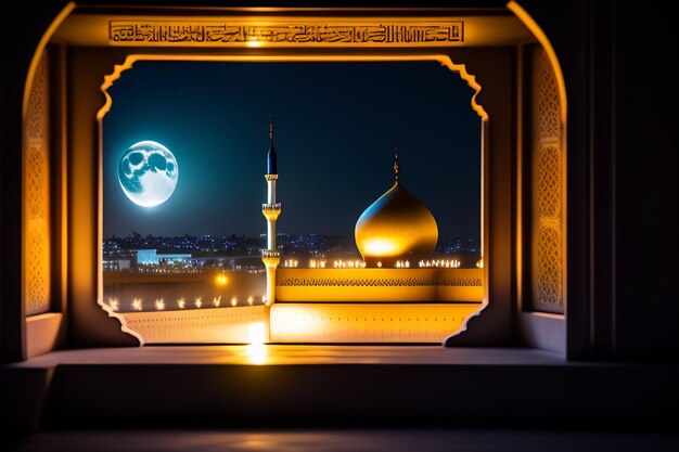 Ramadan Kareem Eid Mubarak Lampe Royale élégante Avec Porte Sainte De La Mosquée Avec Feux D'artifice Photo Gratuite