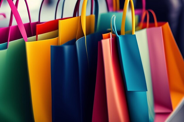 Une rangée de sacs à provisions colorés avec un qui dit shopper dessus