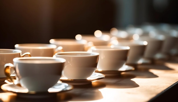 Photo gratuite rangée de vaisselle sur table boissons chaudes à gogo générées par l'ia