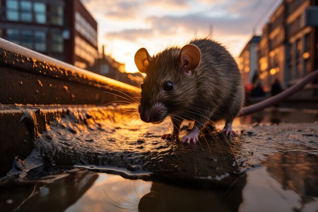 Un rat dans un réseau d'égouts de la ville