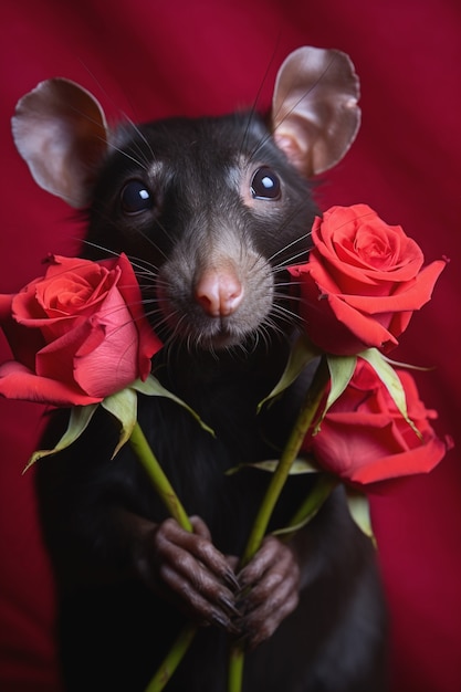 Rat mignon avec des fleurs en studio