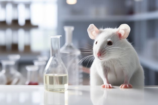 Photo gratuite rat mignon en laboratoire avec de la verrerie