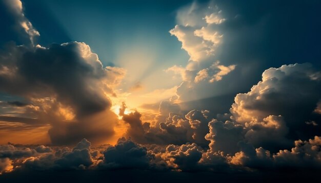 Des rayons de soleil brillants illuminent le ciel crépusculaire de la nature tranquille généré par l'IA