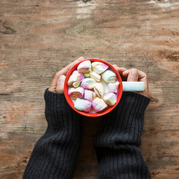 Recadrer les mains avec une tasse de chocolat chaud