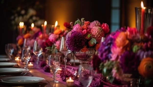 Photo gratuite réception de mariage de luxe avec des compositions florales élégantes ai générative