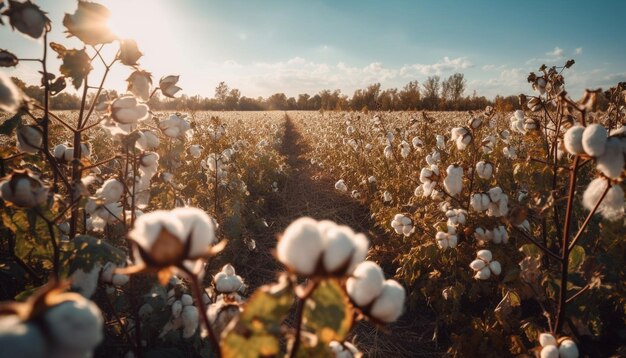 Récolte au coucher du soleil de coton moelleux à la ferme généré par l'IA