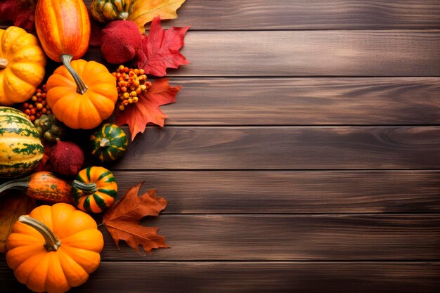 Récolte d'automne et nature morte de vacances Sélection de diverses citrouilles sur fond de bois foncé avec espace de copie