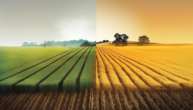 Récolte de blé biologique au coucher du soleil dans un pré généré par l'IA