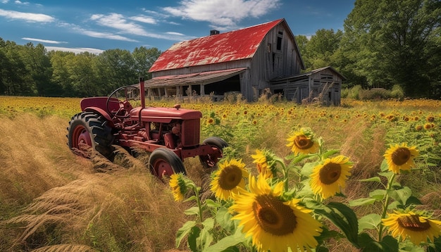 Photo gratuite récolte du blé avec de vieilles machines en automne générées par l'ia