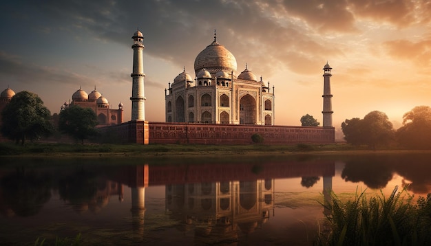 Réflexion du coucher du soleil sur l'ancienne tombe en marbre du mausolée générée par l'IA