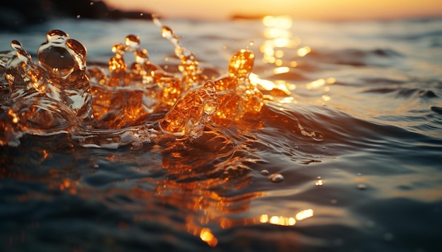 Photo gratuite réflexion du coucher de soleil sur les vagues d'eau éclaboussant scène tranquille climat tropical généré par l'intelligence artificielle