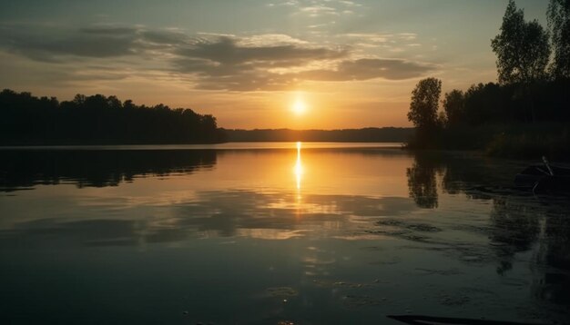 Réflexion tranquille au coucher du soleil sur un étang forestier paisible généré par l'IA