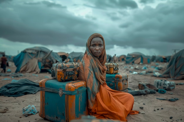 Photo gratuite un réfugié sans espoir dans un camp de réfugiés