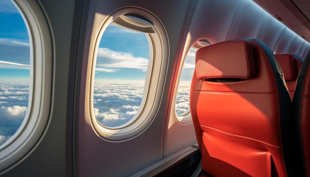 Regarder à travers la fenêtre volant haut dans le ciel généré par l'IA