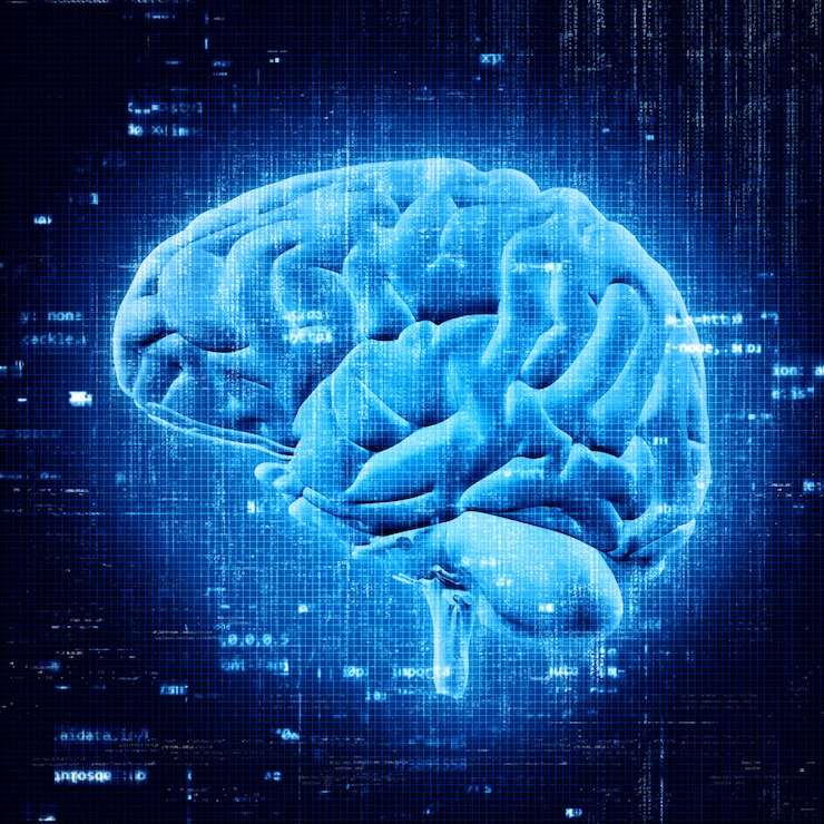 Photo gratuit rendement 3d d'un cerveau lumineux avec code de programmation abstrait