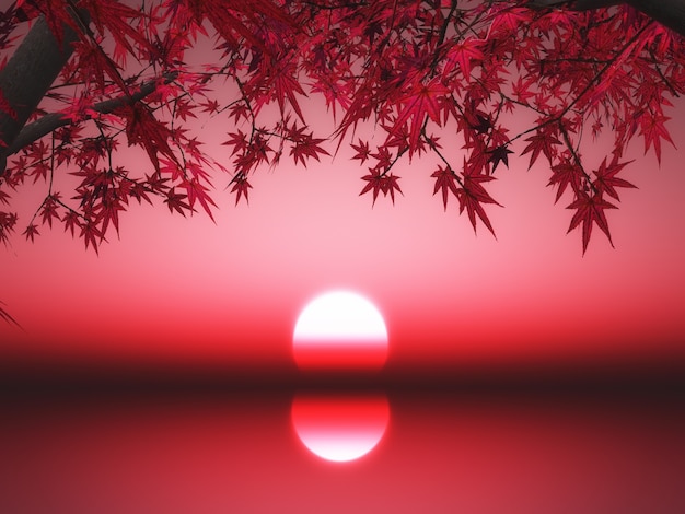 Photo gratuite rendement 3d d'un érable japonais contre un océan de coucher de soleil