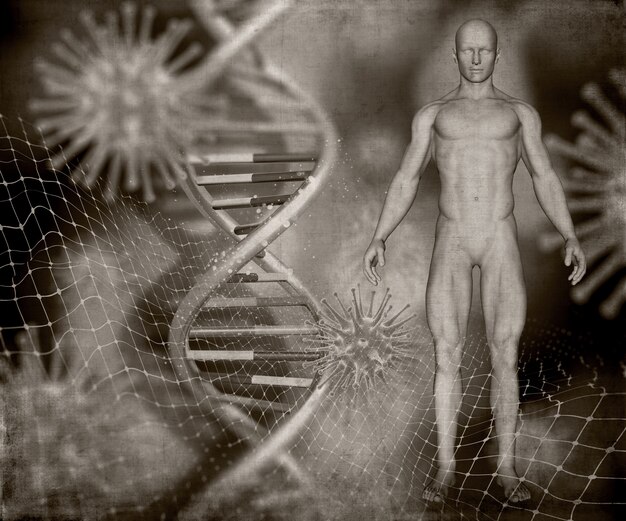 Rendement 3D d&#39;une image médicale de style grunge avec une figure masculine, des brins d&#39;ADN et des cellules de virus