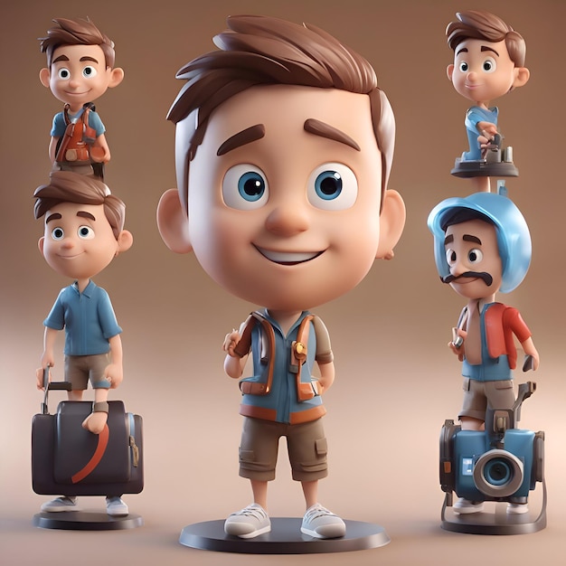 Photo gratuite render 3d de cartoon kids avec des bagages de voyage et une caméra de voyage