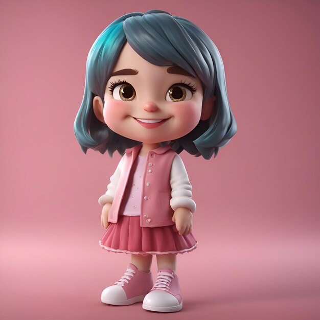 Render 3D d'une fille mignonne avec des cheveux bleus et une robe rose