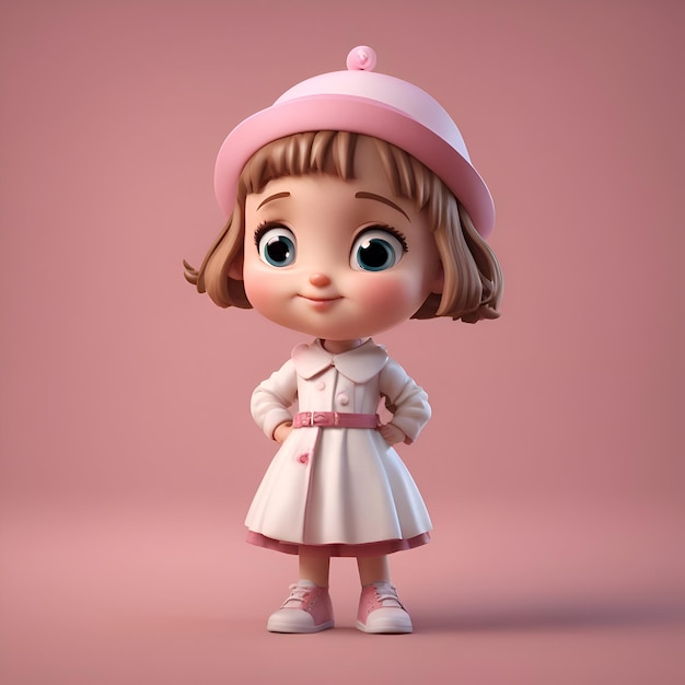 Photo gratuite render en 3d d'une petite fille avec un béret et une robe rose