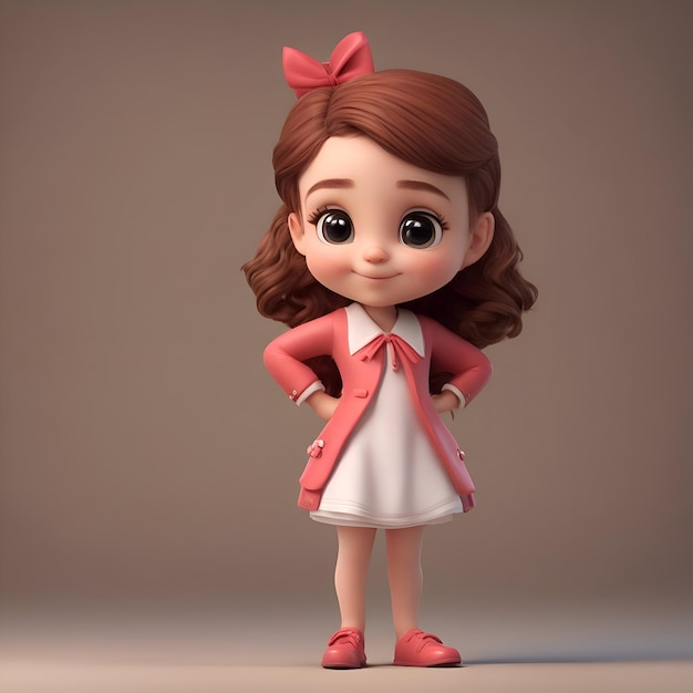 Photo gratuite render 3d d'une petite fille avec une robe rose et un nœud sur ses cheveux