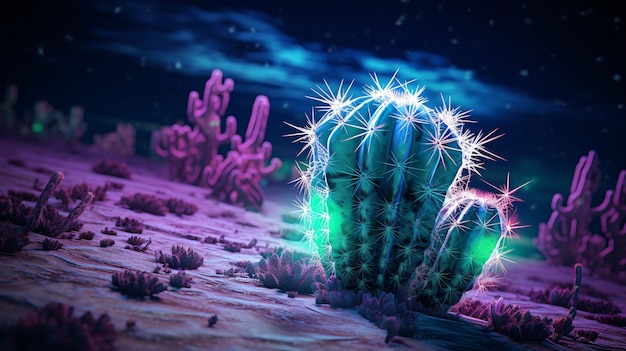 Rendering 3D d'un cactus au néon vibrant dans le désert.
