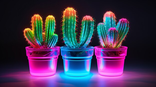 Rendering 3D d'un cactus au néon vibrant dans le désert.