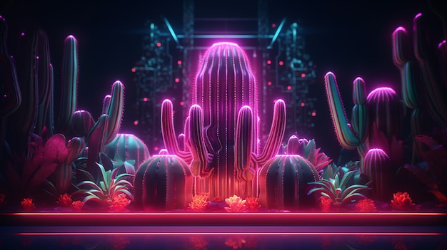 Photo gratuite rendering 3d d'un cactus au néon vibrant dans le désert.