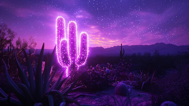 Rendering 3D d'un cactus au néon vibrant dans le désert.