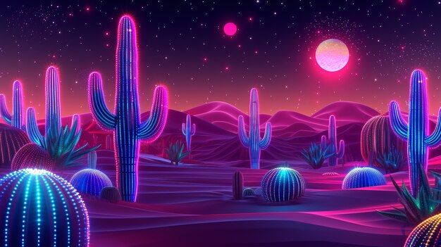 Rendering 3D d'un cactus au néon vibrant dans le désert.