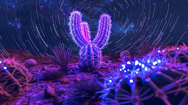 Rendering 3D d'un cactus au néon vibrant dans le désert.