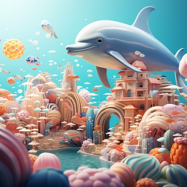 Photo gratuite rendering 3d de dauphins dans une ville sous-marine