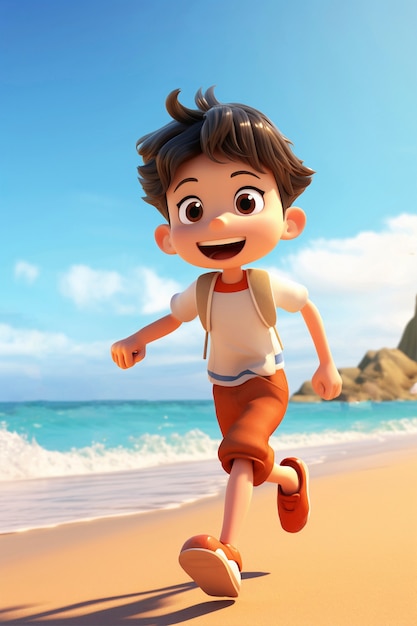 Rendering 3D du personnage de l'enfant sur la plage