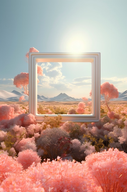 Photo gratuite rendering 3d d'une forme carrée entourée de fleurs