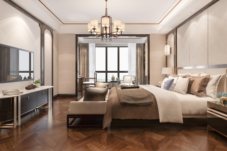 Photo gratuit rendering 3d magnifique suite de chambre de luxe contemporaine dans un hôtel avec télévision