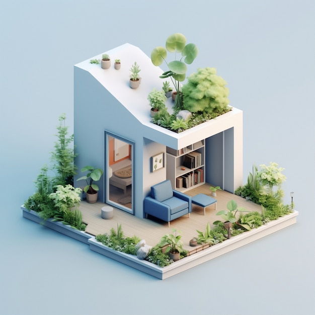 Rendering 3D d'une maison isométrique