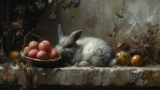 Rendering 3D de la peinture du lapin de Pâques dans les âges sombres