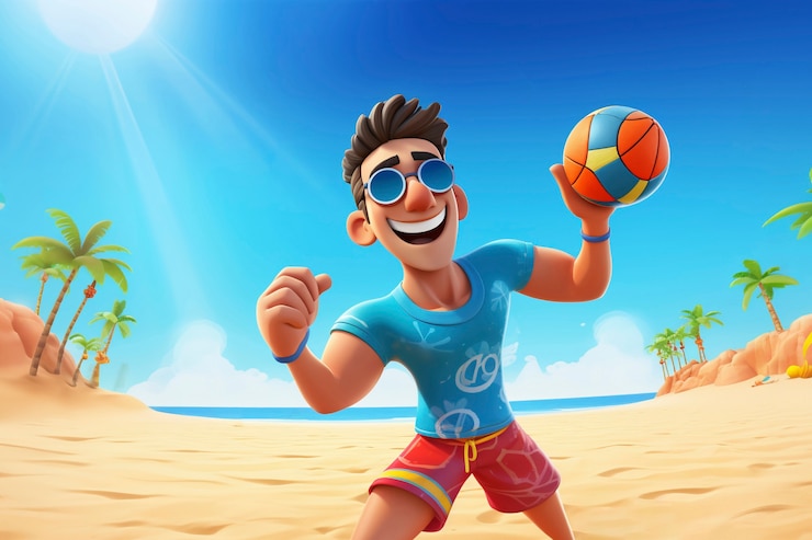 Photo gratuit rendering 3d d'un personnage de dessin animé sur la plage