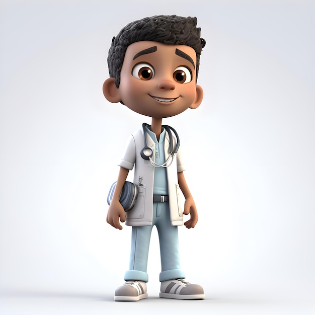 Rendering 3D d'un petit garçon avec un stéthoscope et un sac de médicaments