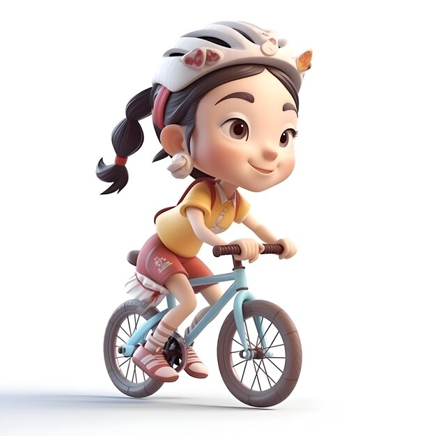 Rendering 3D d'une petite fille à vélo sur fond blanc