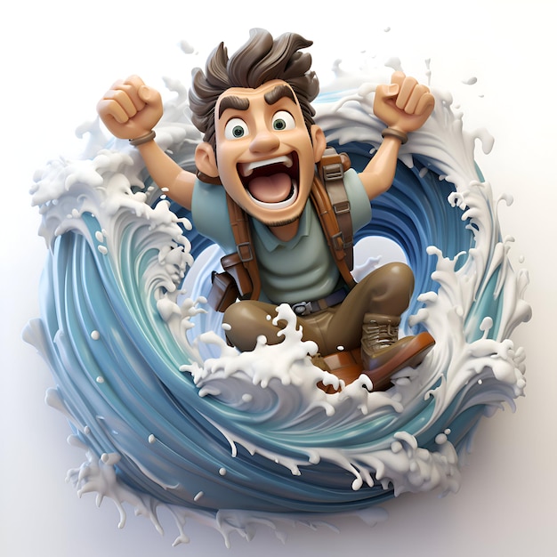 Photo gratuite rendering 3d d'un randonneur de dessin animé assis dans une vague d'eau