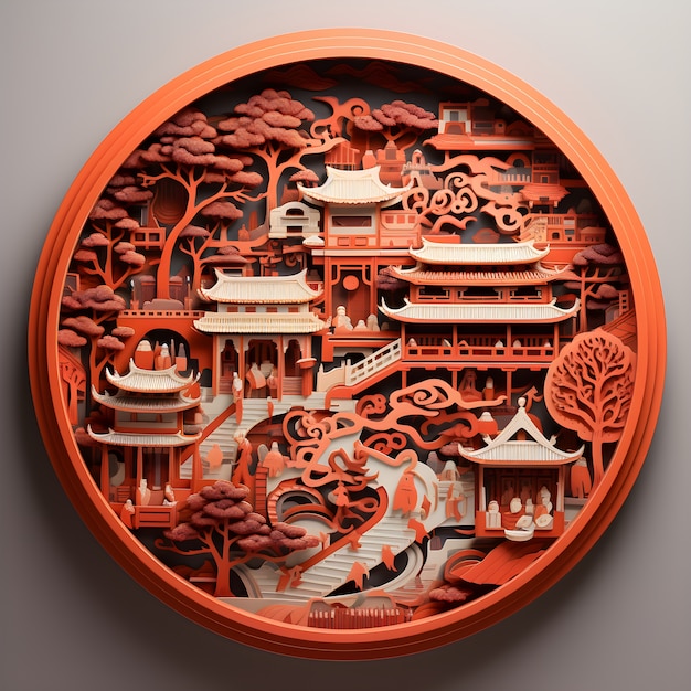 Rendering 3D de la sculpture de paysage chinois