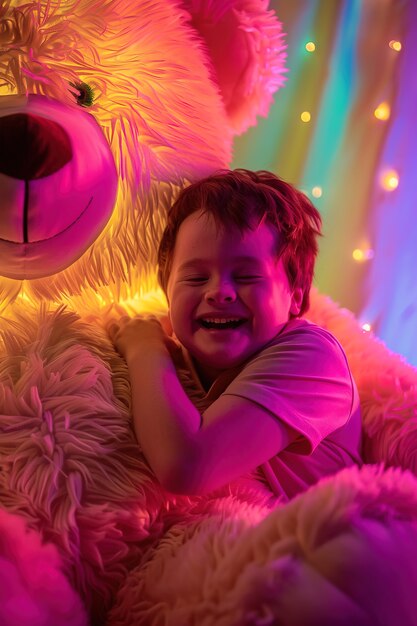 Rendering surréaliste d'un enfant sautant avec un jouet de peluche géant