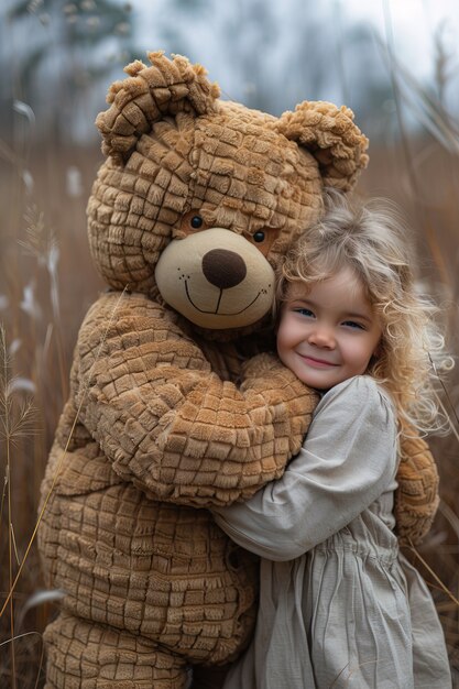 Rendering surréaliste d'un enfant sautant avec un jouet de peluche géant