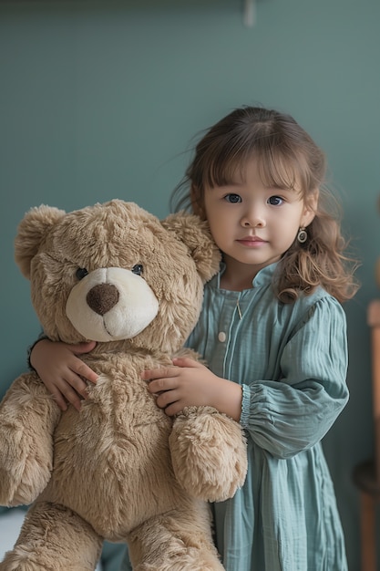 Photo gratuite rendering surréaliste d'un enfant sautant avec un jouet de peluche géant