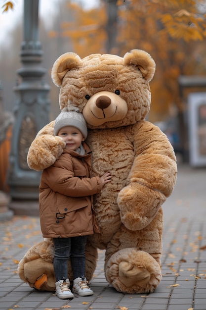 Rendering surréaliste d'un enfant sautant avec un jouet de peluche géant