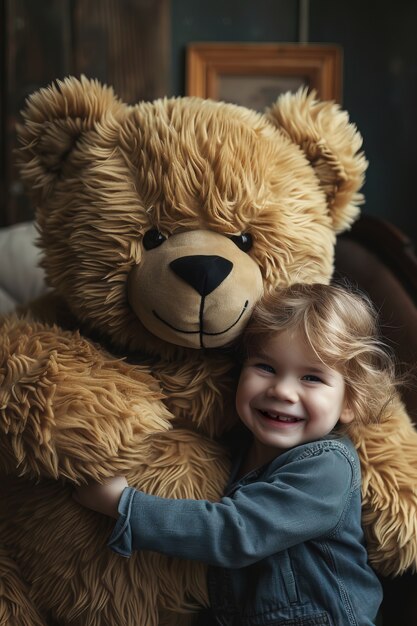 Photo gratuite rendering surréaliste d'un enfant sautant avec un jouet de peluche géant